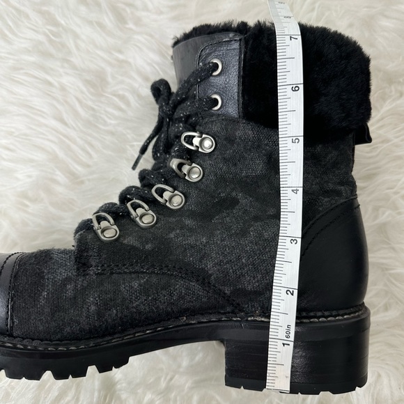 Frye Women’s Samantha Black Leather Canvas Shearling Combat Hiking Boots Size 8 - Picture 13 of 15